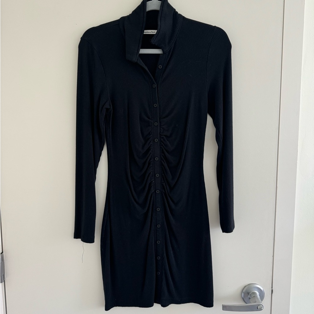 Black Button-Up collared ribbed Dress